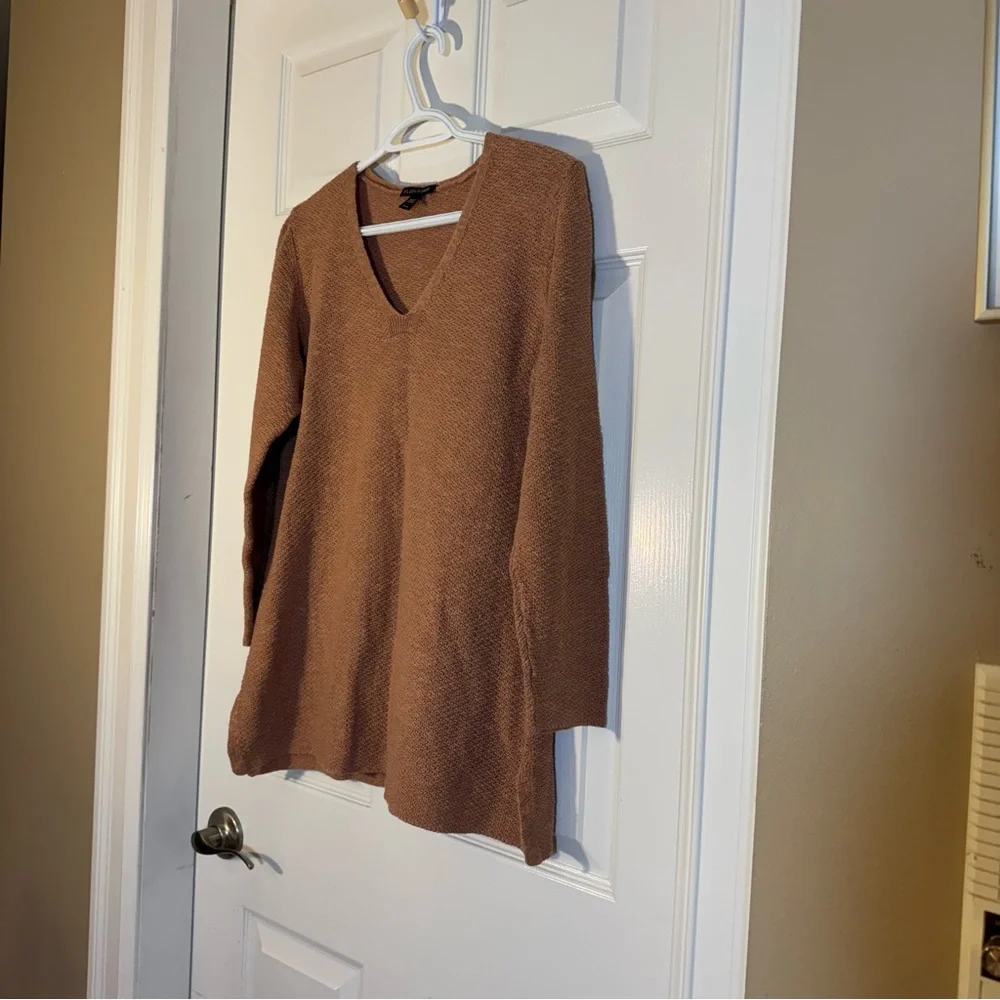 Eileen Fisher Organic Linen Cotton V-Neck Knit Top Warm Tan M, Capsule Wardrobe - Picture 3 of 9